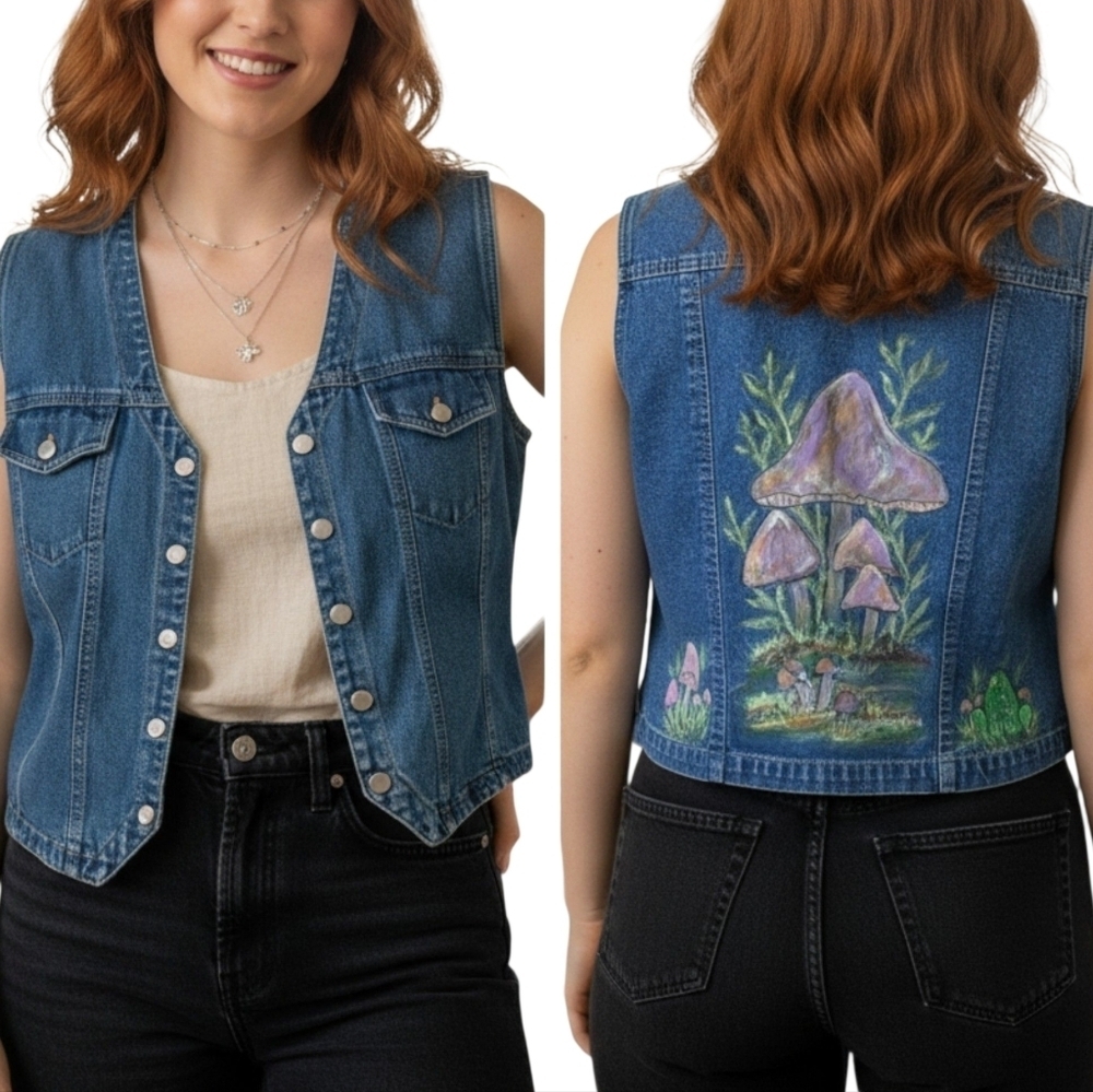 ​🐸🍄 Vintage Passport Hand Painted Mushroom Frog Denim Vest - Size M - Picture 7 of 7